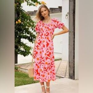 Floral Pink and Orange Puff Sleeve Dress